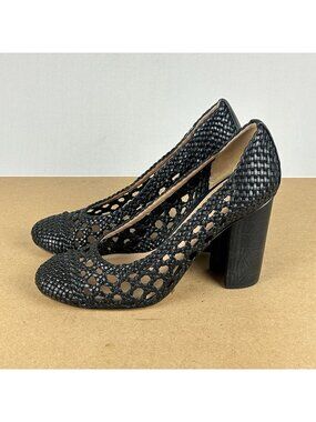 Tory Burch Grove Woven 100mm Pumps Womens 9.5 Black Leather Horseshoe Heel